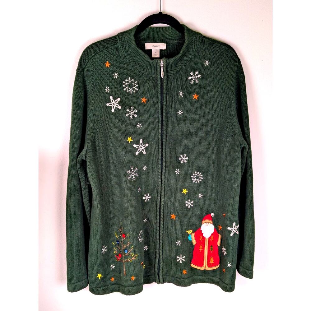 CJ Banks 2X Christmas Cardigan Forest Green Full Zip Santa Ramie/Cotton Applique